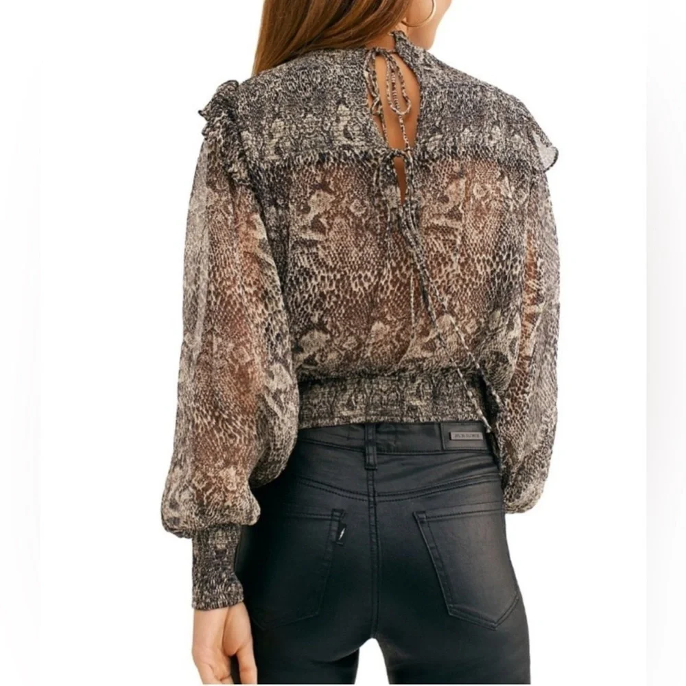 Free People Roma Chiffon Snake Combo Ruffle Puff Sleeve Blouse Black Sz S